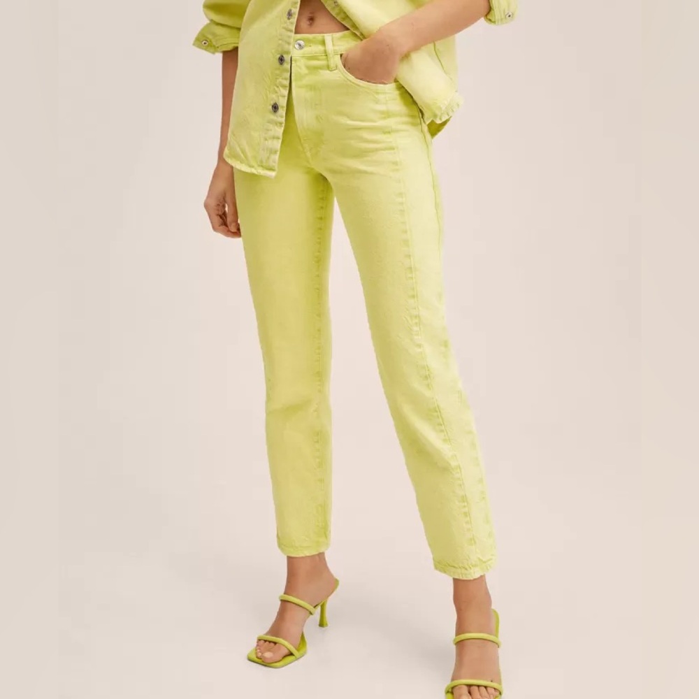 MNG women’s lime green Straight Fit Pure Cotton High Rise Jeans